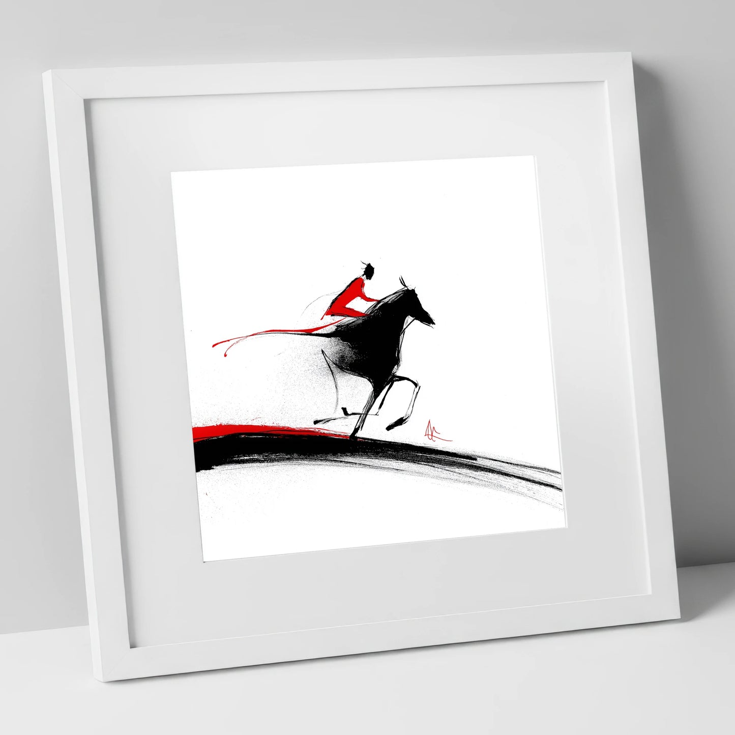 Crimson Pursuit racing horse art print in white frame