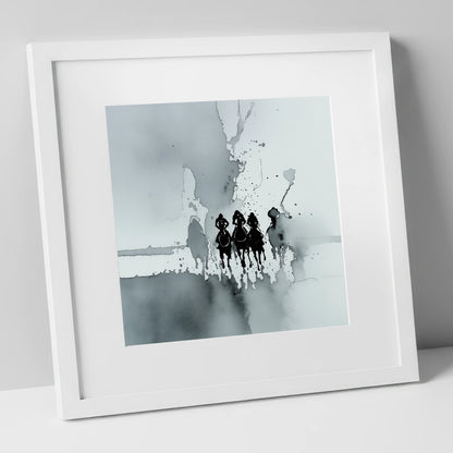 The Dawn Run racing horse art print in white frame