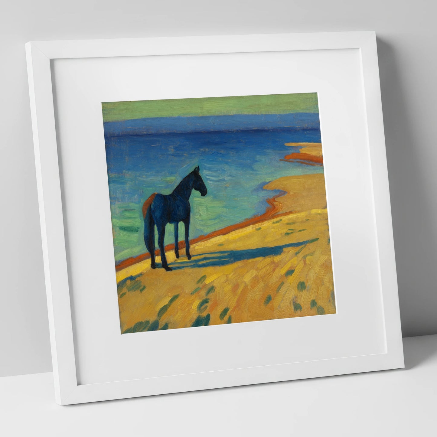 Shoreline Stillness horse landscape art print in white frame