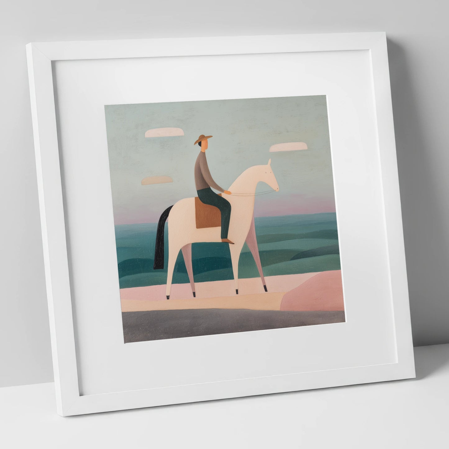 Minimalist Coastal Rider beach horse art print in white frame