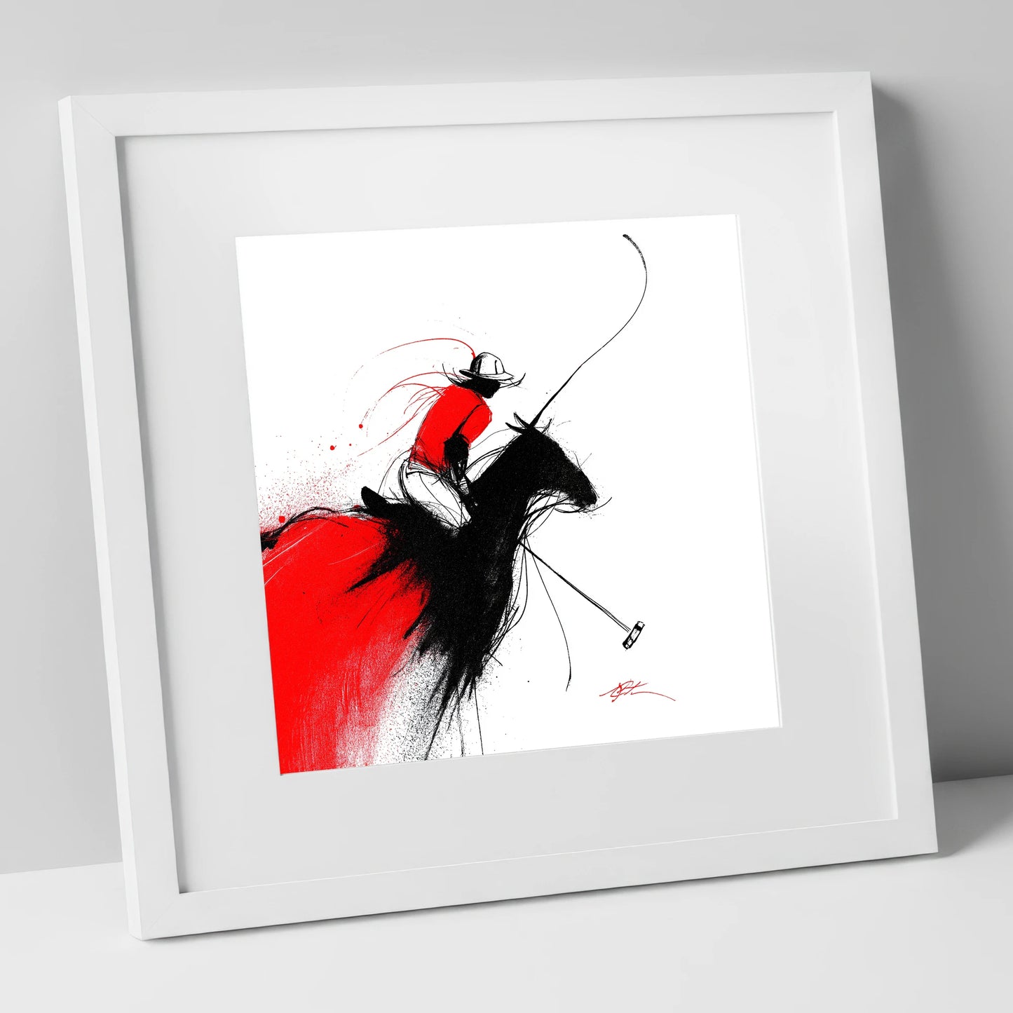 Crimson Polo Strike polo horse art print in white frame