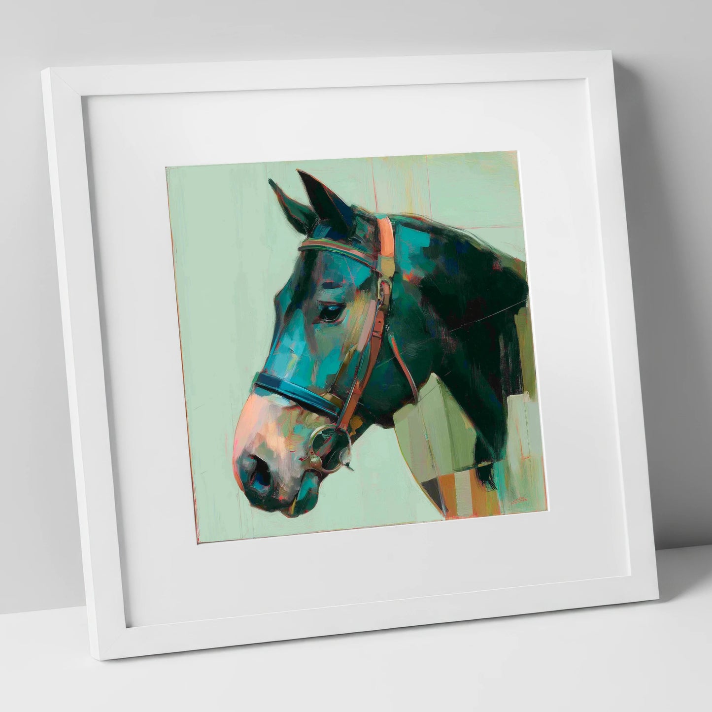 The Midnight Bridle horse portrait art print in white frame
