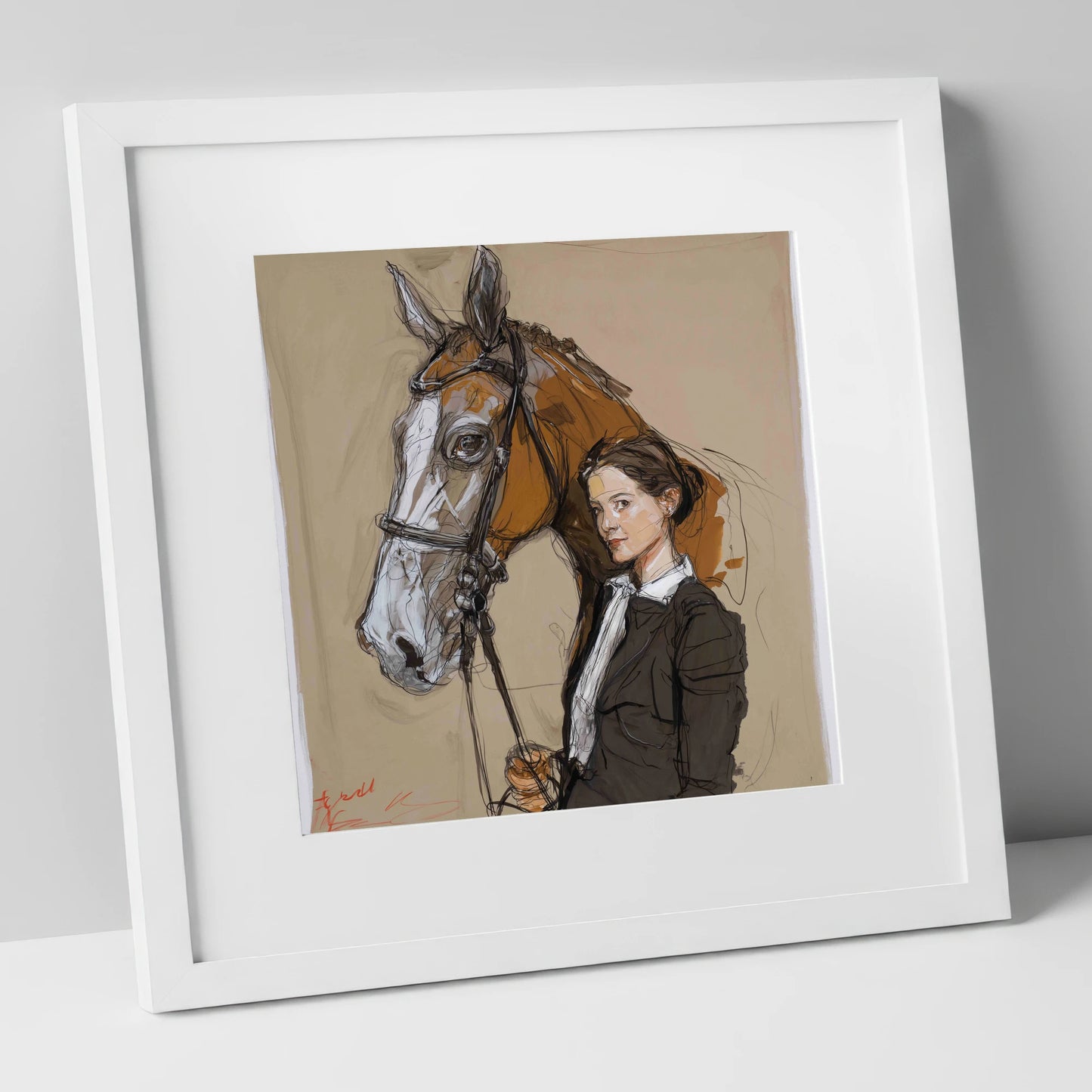 The Rider's Bond horse & rider art print in white frame