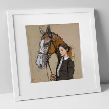 The Rider's Bond horse & rider art print in white frame