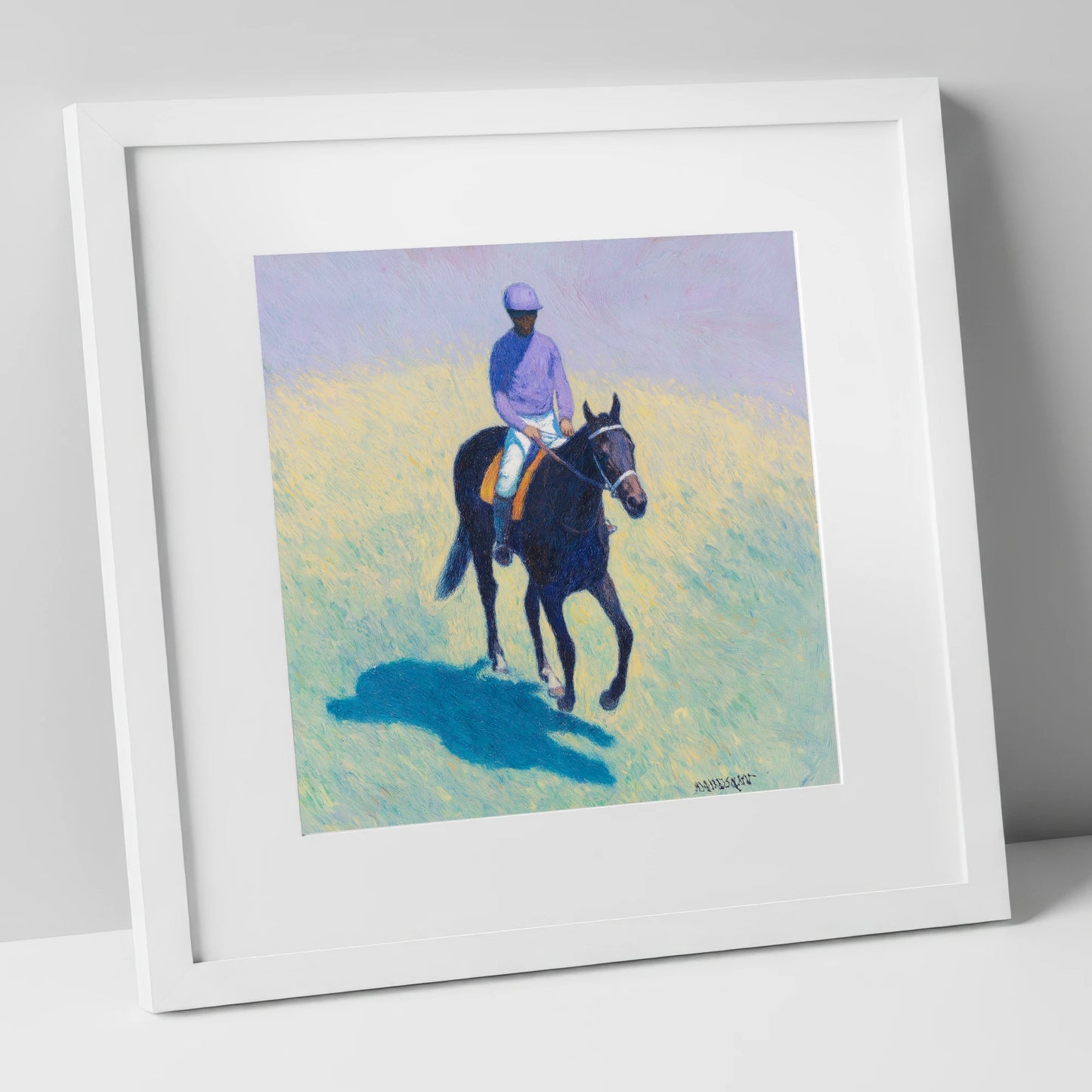 Morning on the Gallops racing horse art print in white frame