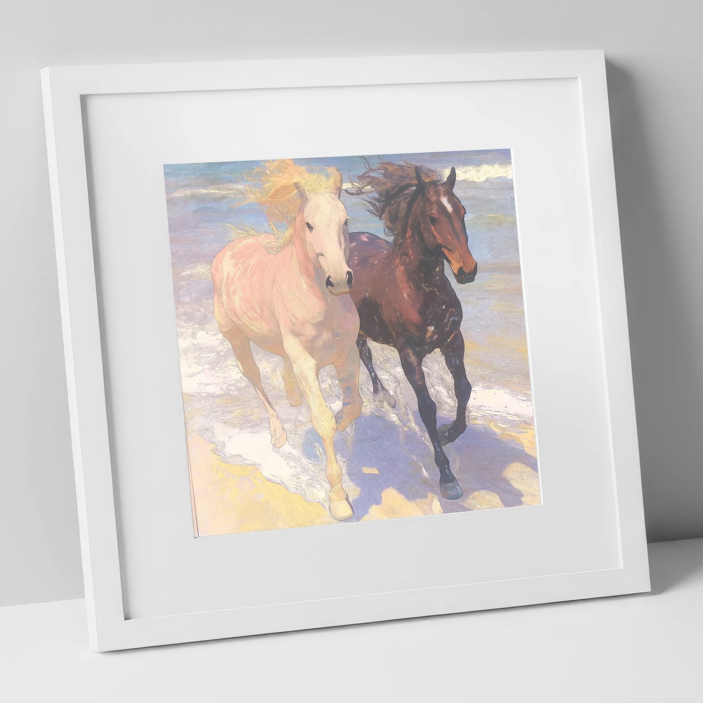 Ethereal Shoreline Canter horse landscape art print in white frame