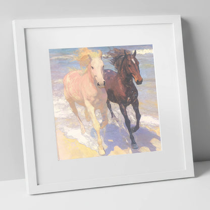 Ethereal Shoreline Canter horse landscape art print in white frame