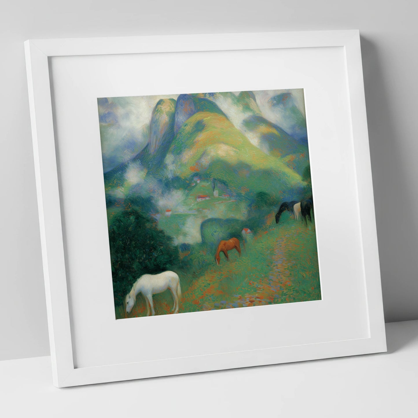 Luminous Alpine Valley horse landscape art print in white frame
