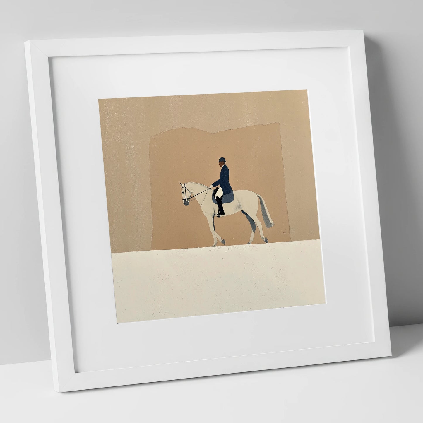 The Collected Grey dressage horse art print in white frame