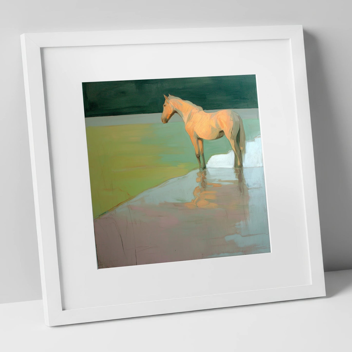 Serene Beach Reflection beach horse art print in white frame