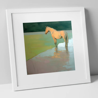 Serene Beach Reflection beach horse art print in white frame