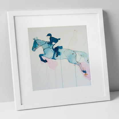 Azure Flight show jumping horse art print in white frame