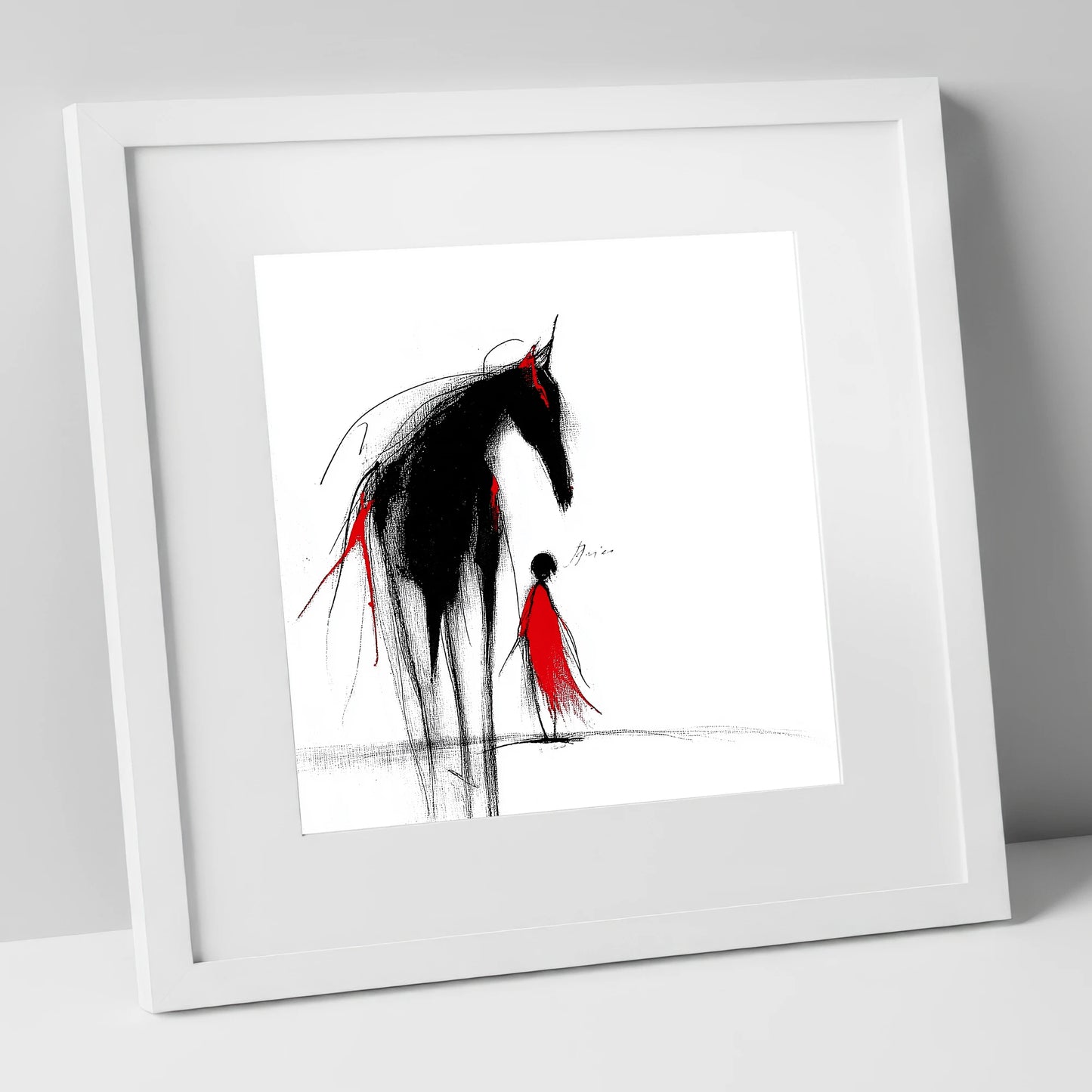 Crimson Silhouette horse & rider art print in white frame