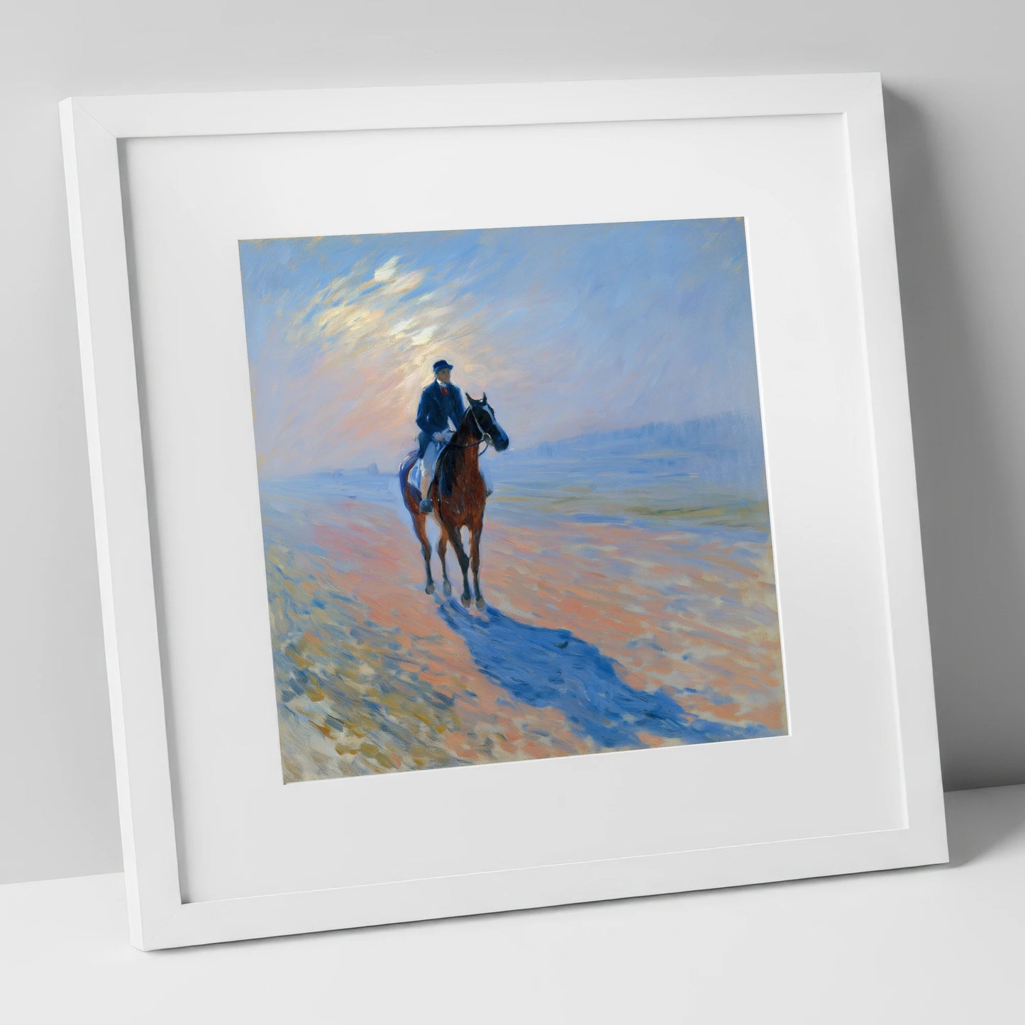Luminous Morning Gallops racing horse art print in white frame