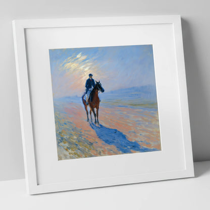 Luminous Morning Gallops racing horse art print in white frame