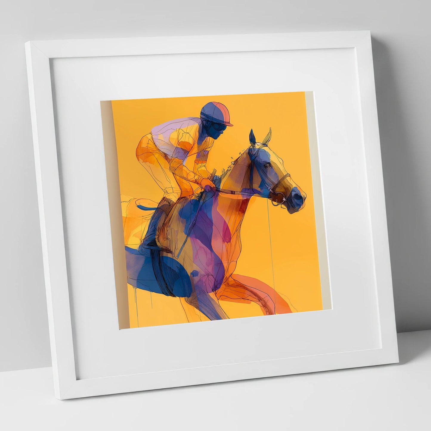 Golden Racing Stride racing horse art print in white frame