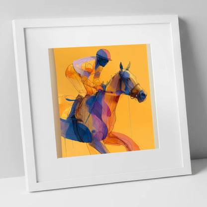 Golden Racing Stride racing horse art print in white frame