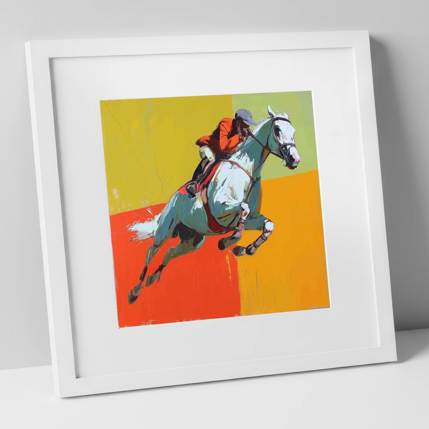 Momentum In Colour show jumping horse art print in white frame