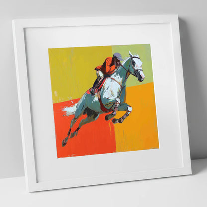 Momentum In Colour show jumping horse art print in white frame