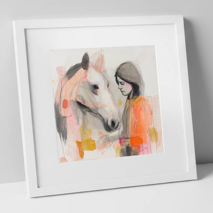 Unspoken Bond horse & rider art print in white frame