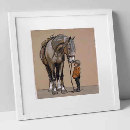 The Gentle Giant horse & rider art print in white frame