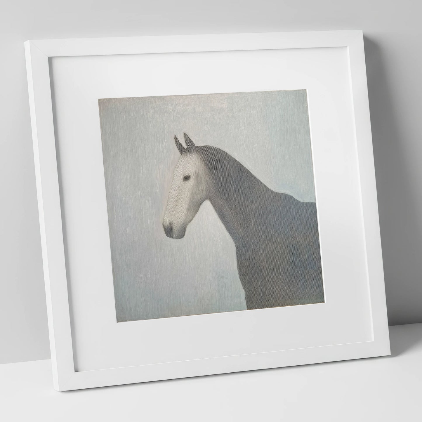 Linear Elegance horse portrait art print in white frame
