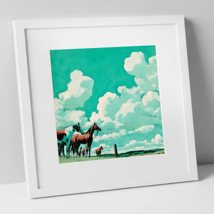 Turquoise Sky Herd horse landscape art print in white frame