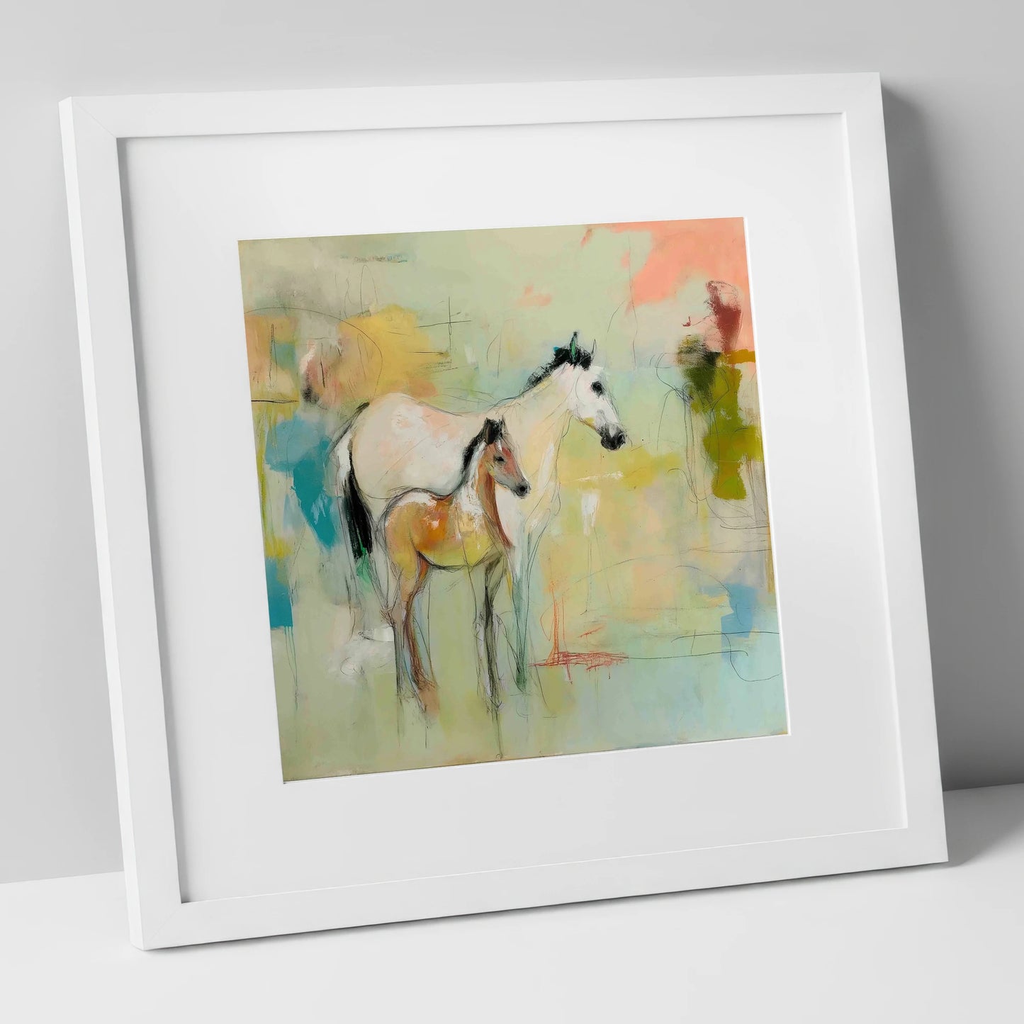 Ethereal Mare and Foal mare & foal art print in white frame