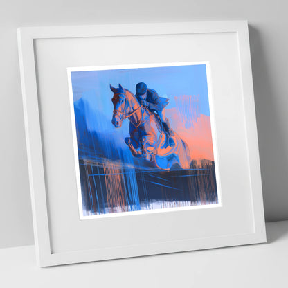 Suspended in Cobalt show jumping horse art print in white frame