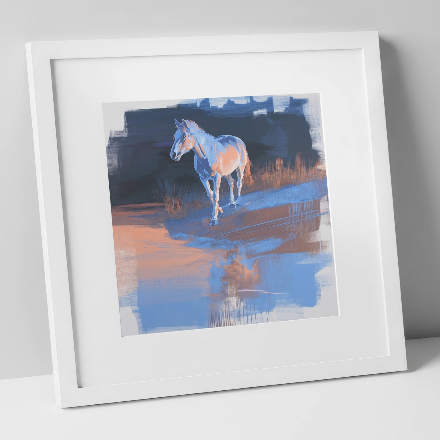 Cobalt Dawn Crossing horse landscape art print in white frame