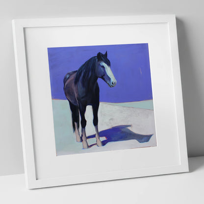 Indigo Solitude horse portrait art print in white frame