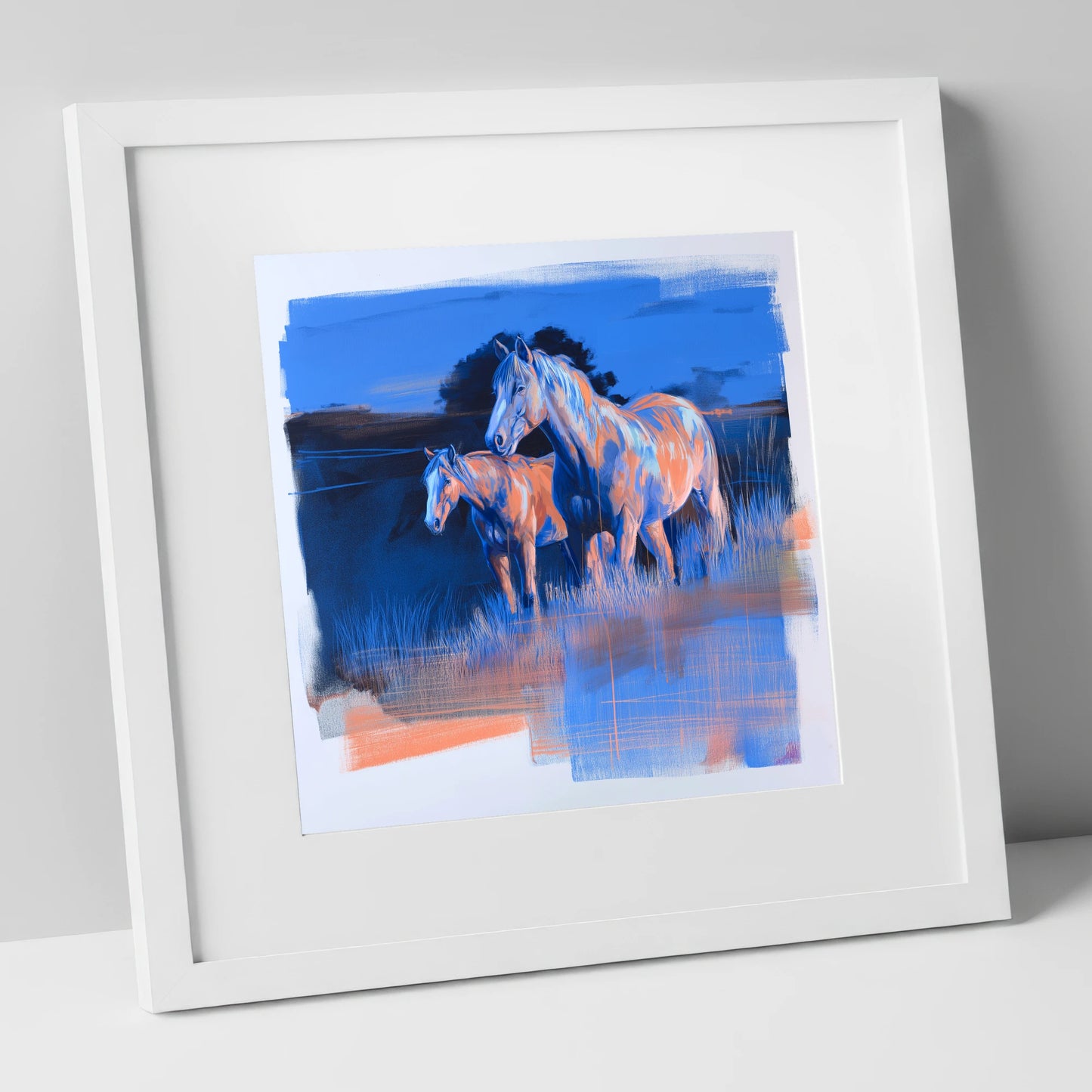 Twilight Companions wild horses art print in white frame