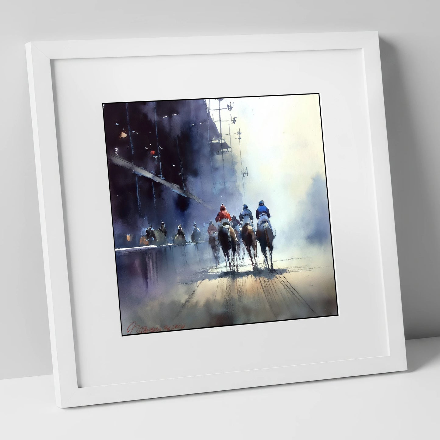 Towards the Post racing horse art print in white frame
