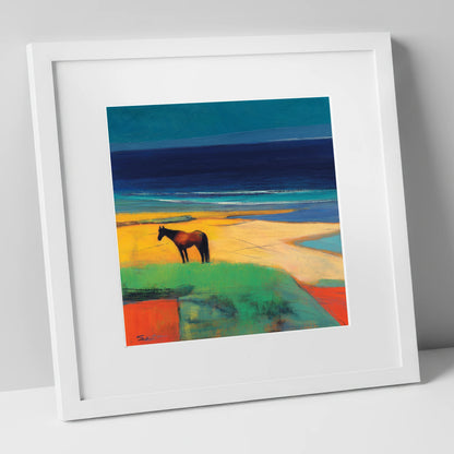 Vibrant Coastal Solitude horse landscape art print in white frame