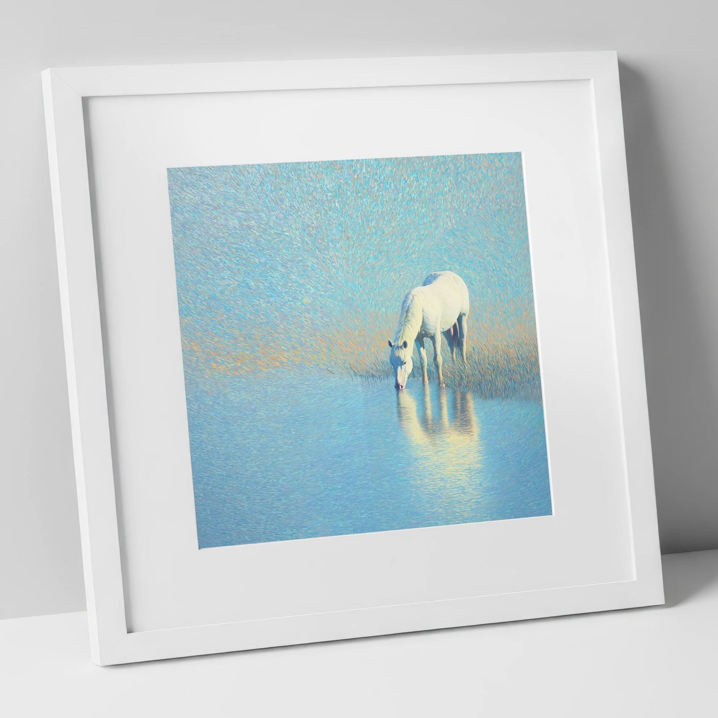 Luminous Waters horse landscape art print in white frame