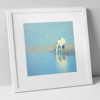 Luminous Waters horse landscape art print in white frame