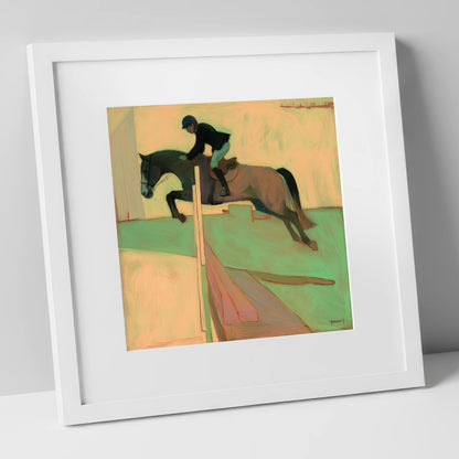 Flight and Form show jumping horse art print in white frame