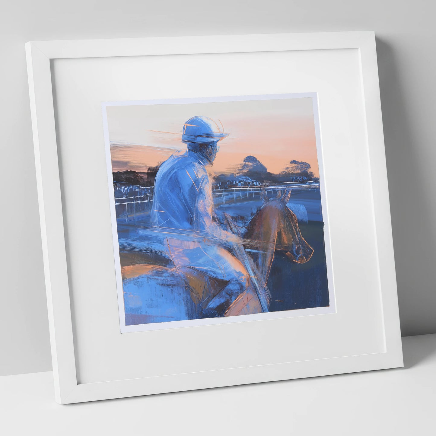 Dawn on the Gallops racing horse art print in white frame