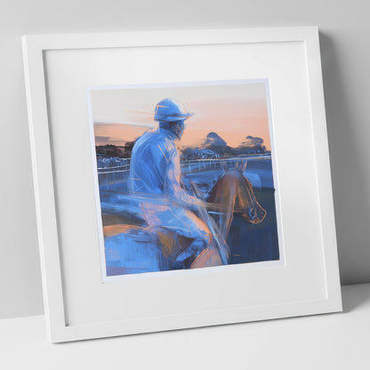 Dawn on the Gallops racing horse art print in white frame