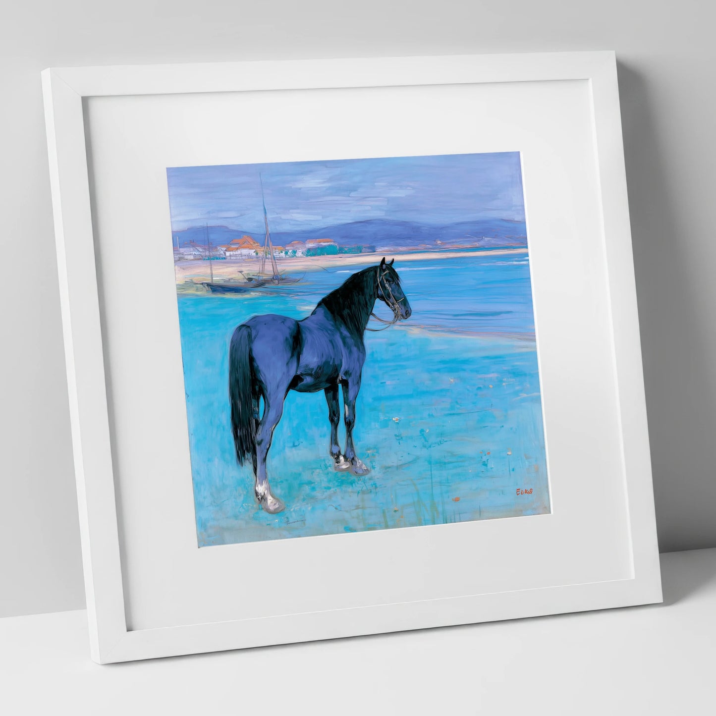 Azure Coast Equine horse landscape art print in white frame