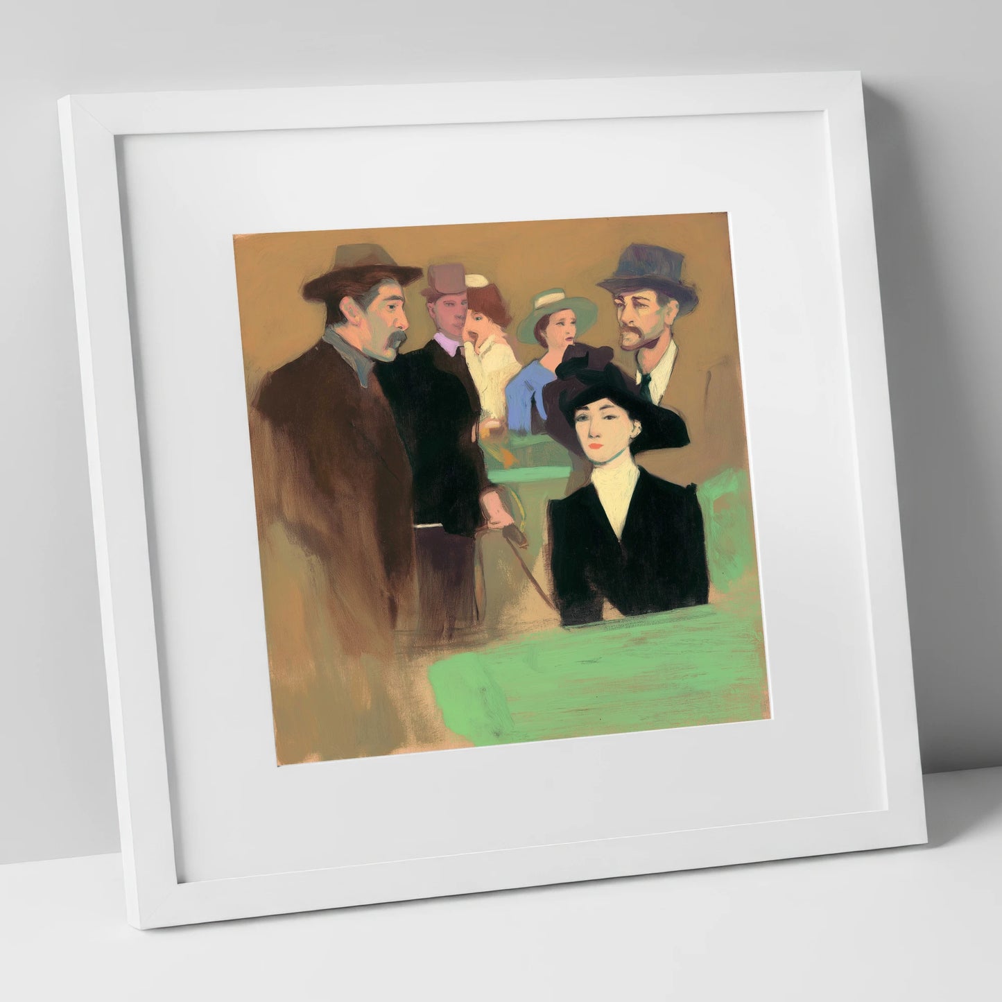 The Racing Crowd racing horse art print in white frame