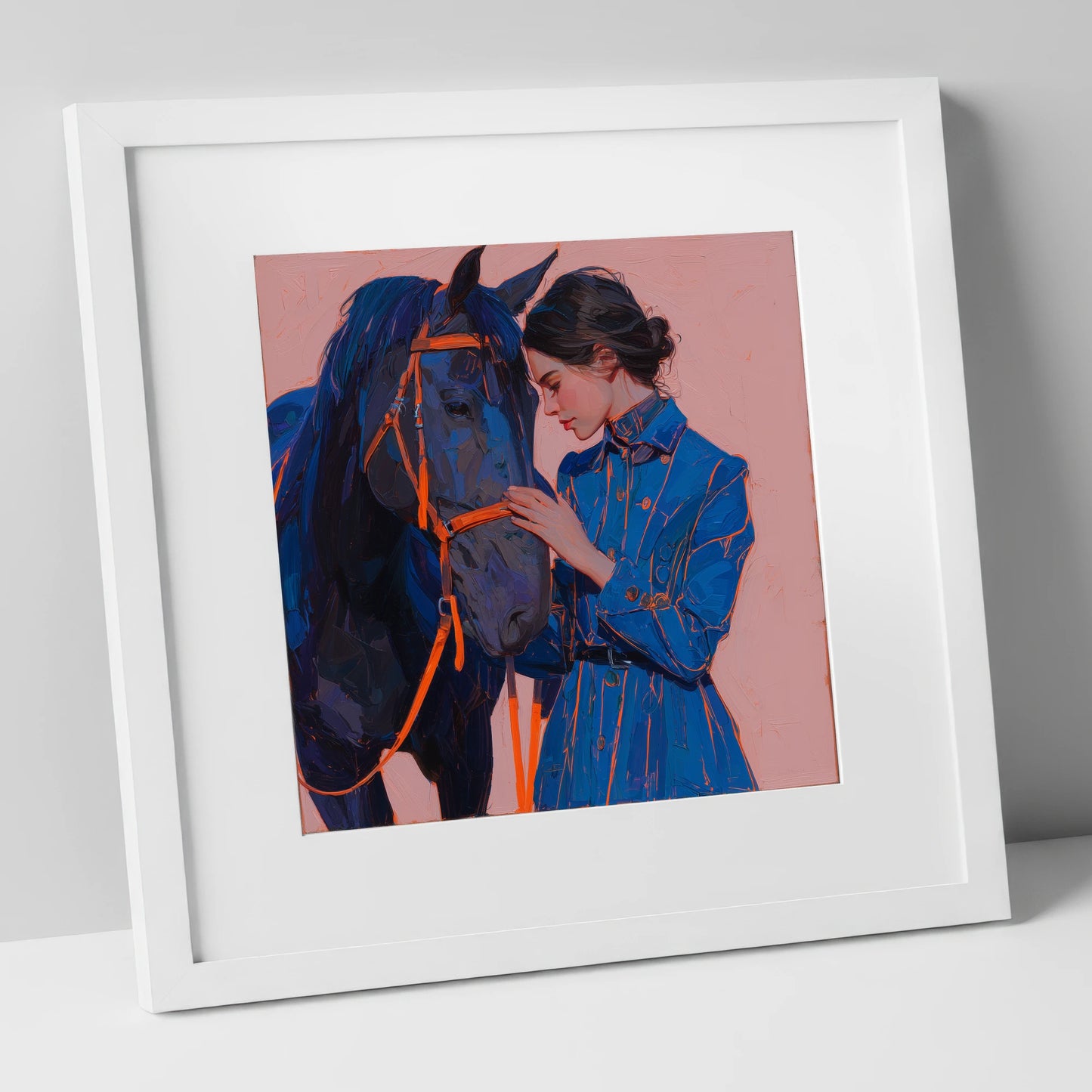 The Indigo Embrace horse & rider art print in white frame
