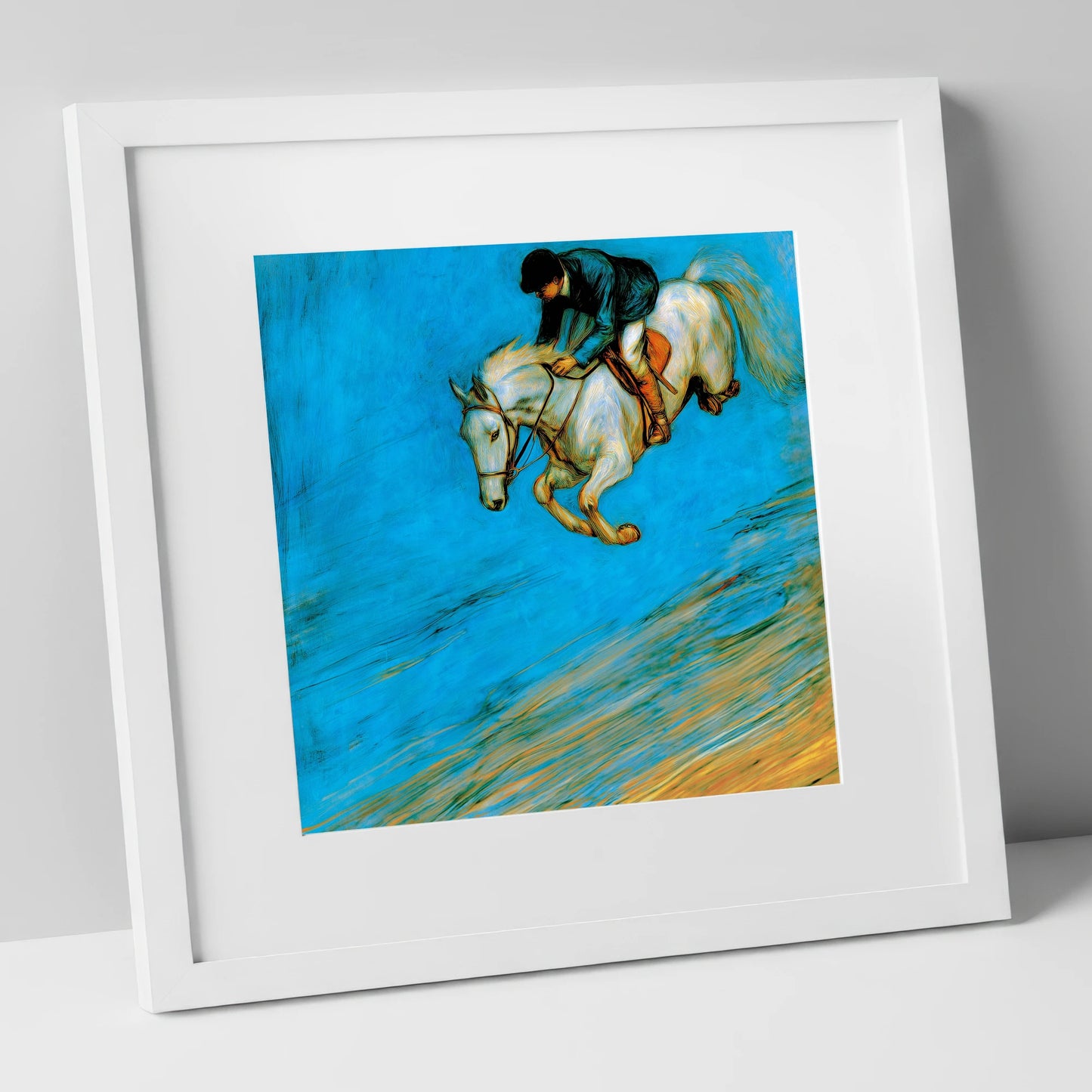 Cerulean Flight show jumping horse art print in white frame