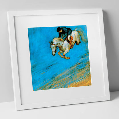 Cerulean Flight show jumping horse art print in white frame