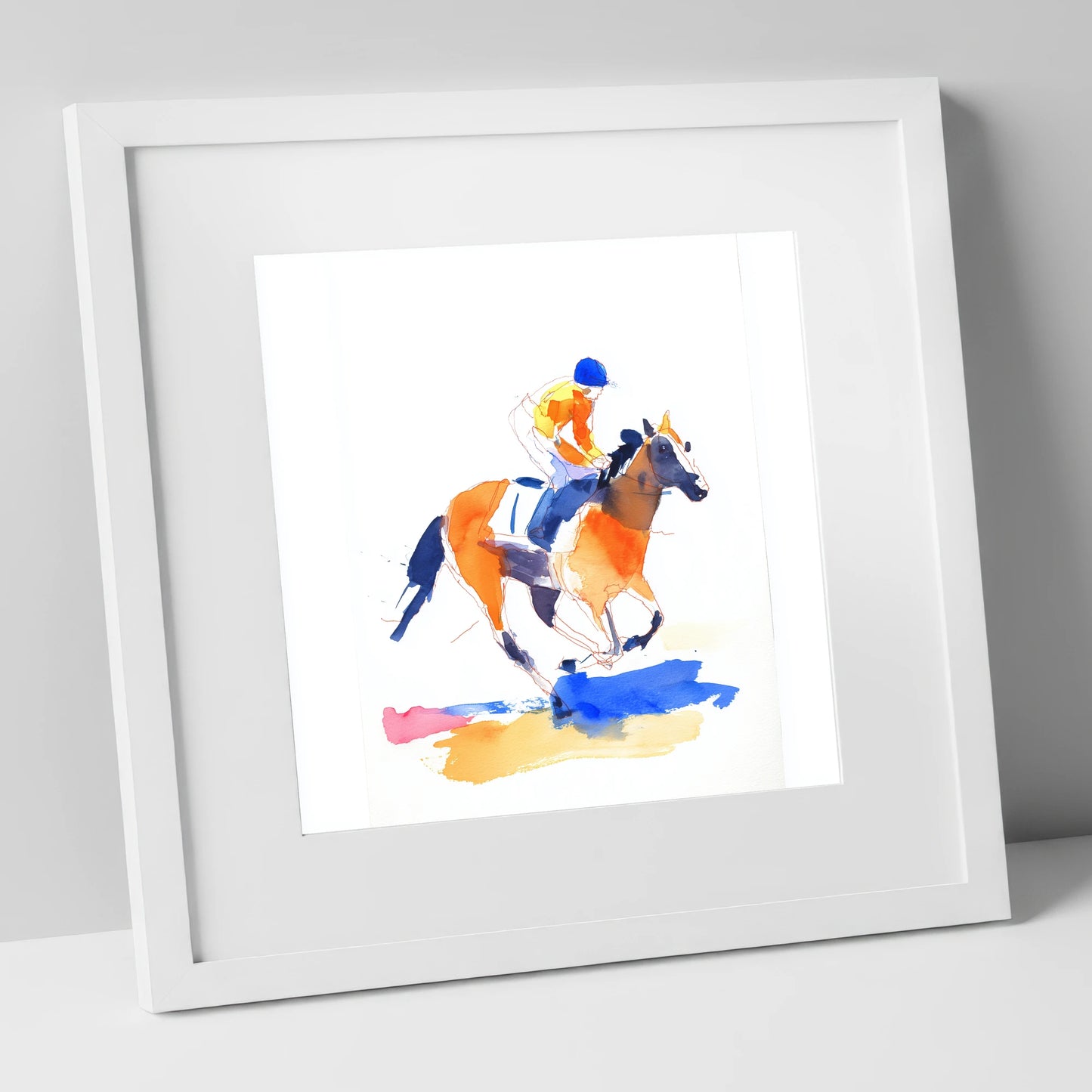 Vivid Gallop racing horse art print in white frame