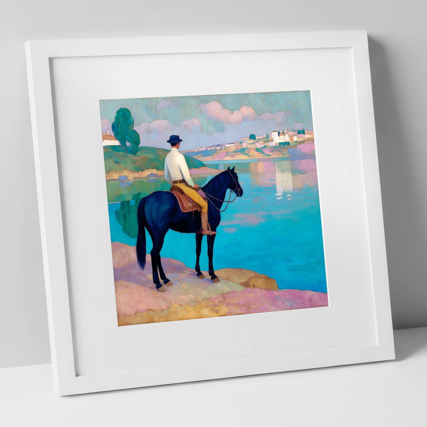 Gazing Across Vivid Waters beach horse art print in white frame
