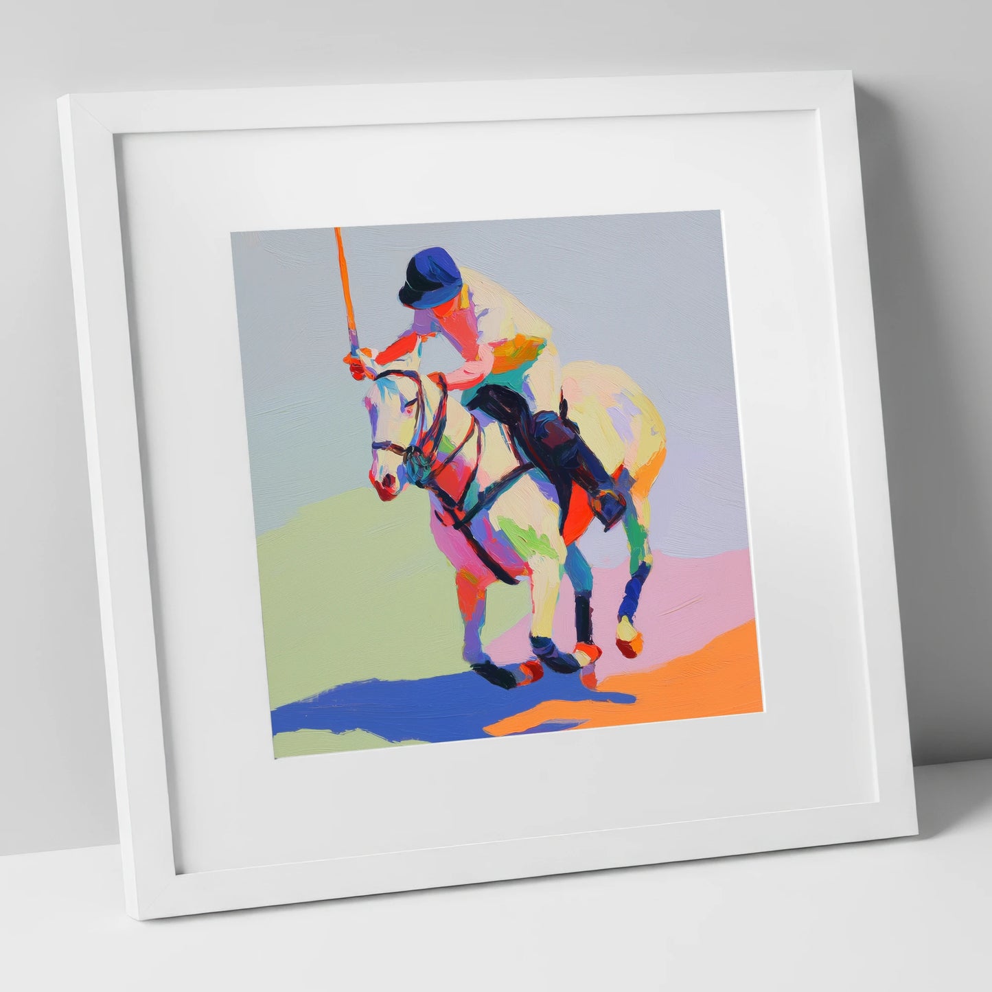 Vibrant Polo Drive polo horse art print in white frame