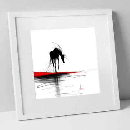 Crimson Horizon Silhouette horse portrait art print in white frame