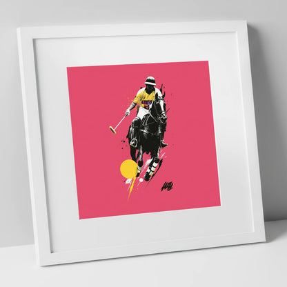 Magenta Chukka polo horse art print in white frame
