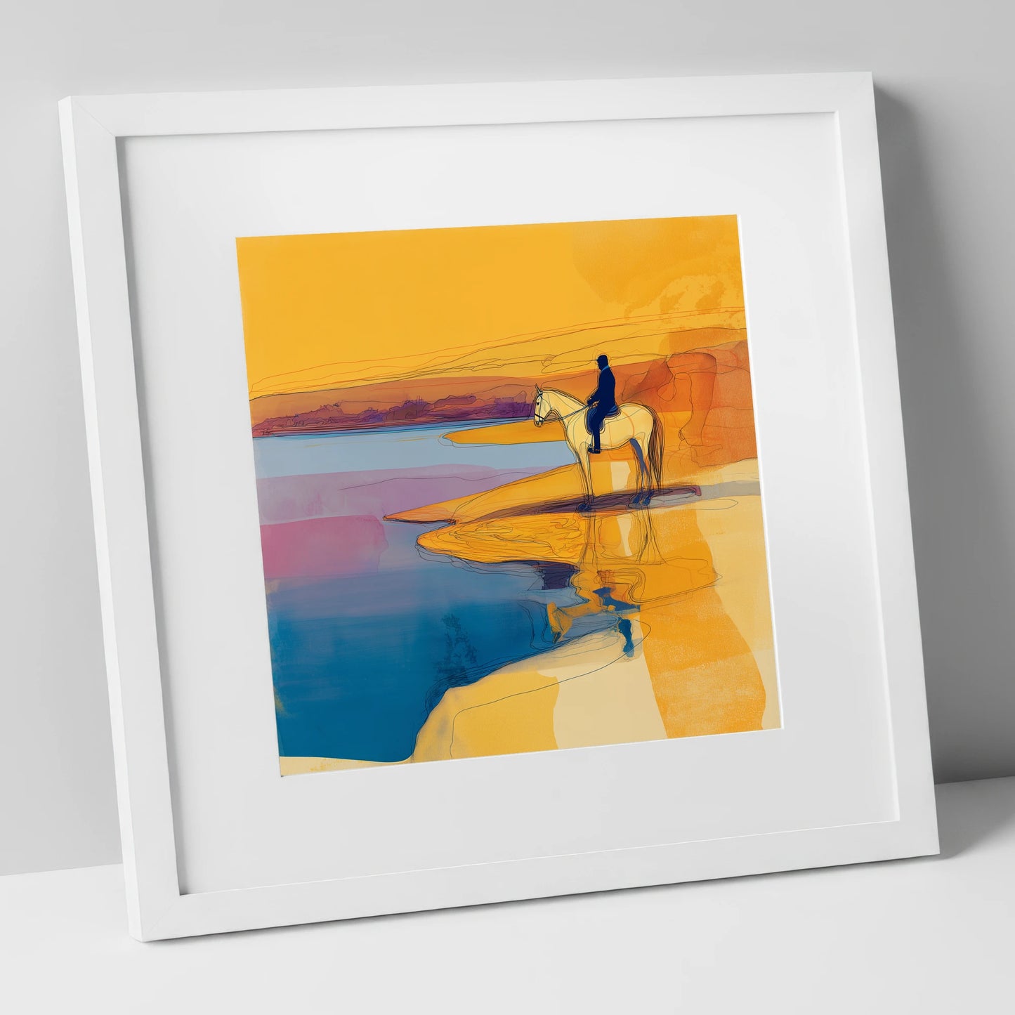Golden Tide Silhouette beach horse art print in white frame